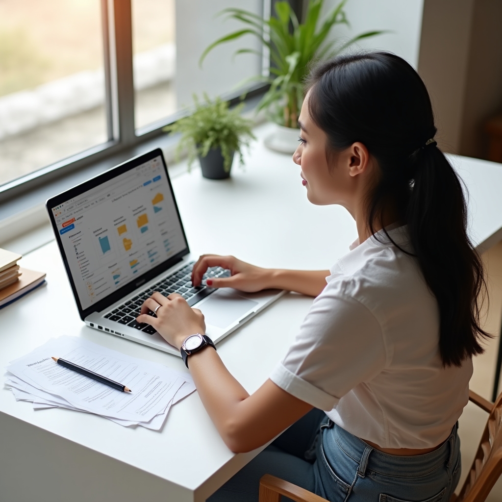 Office worker transitioning paper records to cloud-based document storage on a laptop