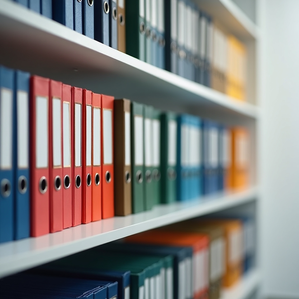 Neatly arranged color-coded office folders with printed labels on a shelf