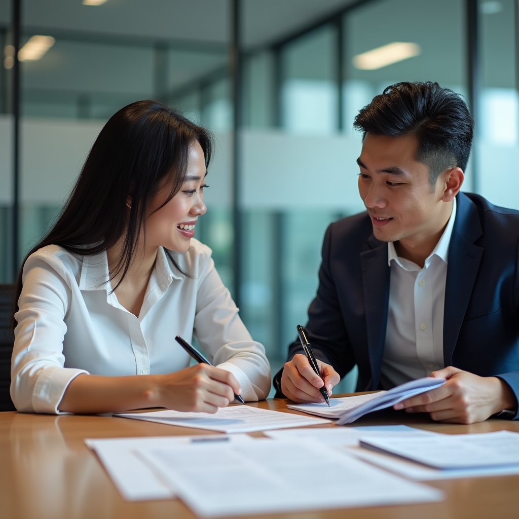 Two office professionals signing a records disposal authorization form at a desk