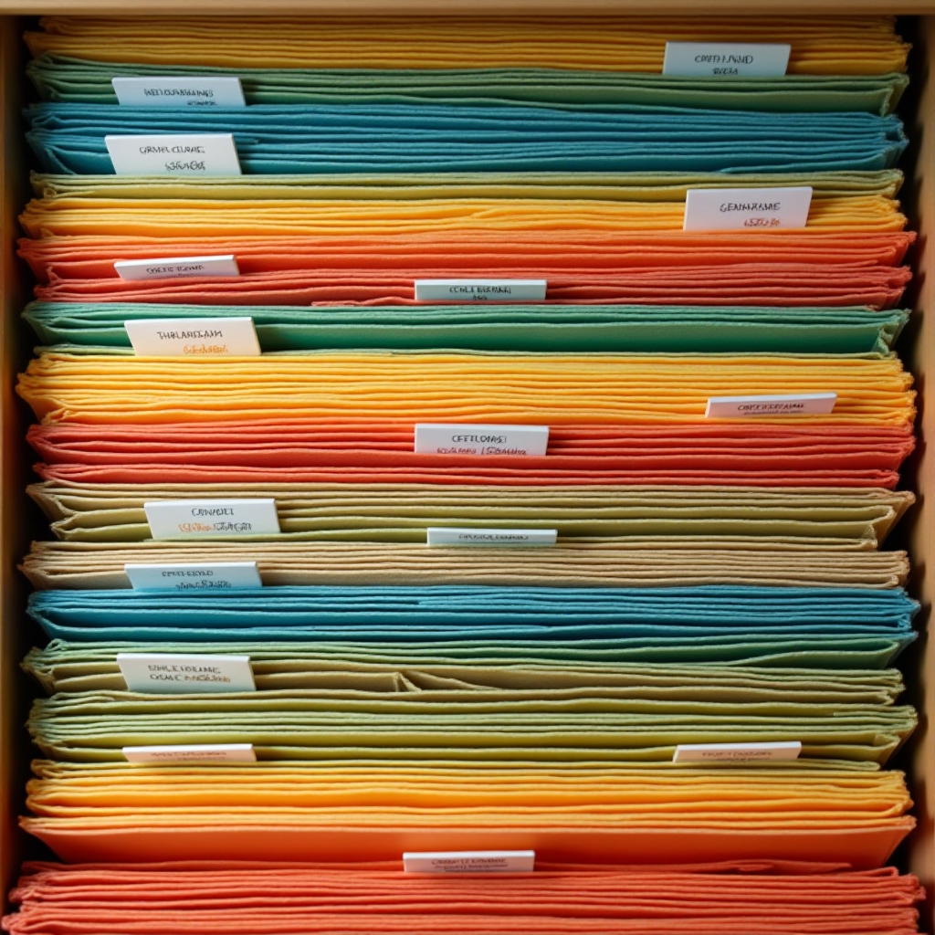 Color-coded filing tabs in an organized office cabinet