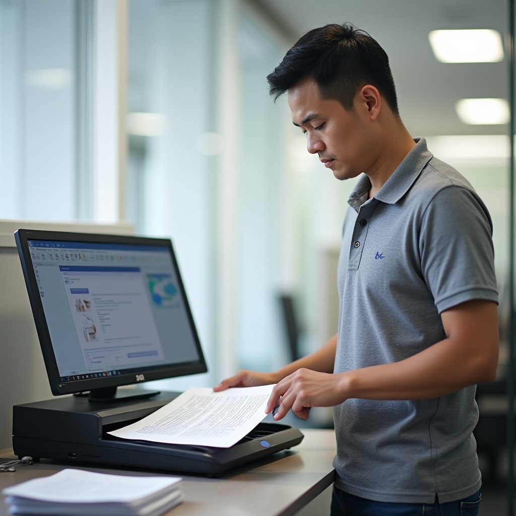 Administrative assistant scanning paper documents on a flatbed scanner