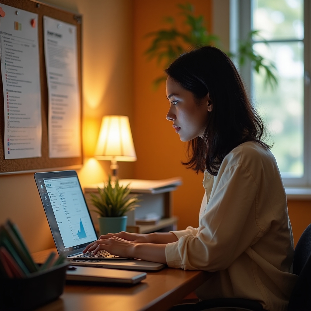 Freelance virtual assistant working at a home office desk with organized digital files on screen and physical folders nearby