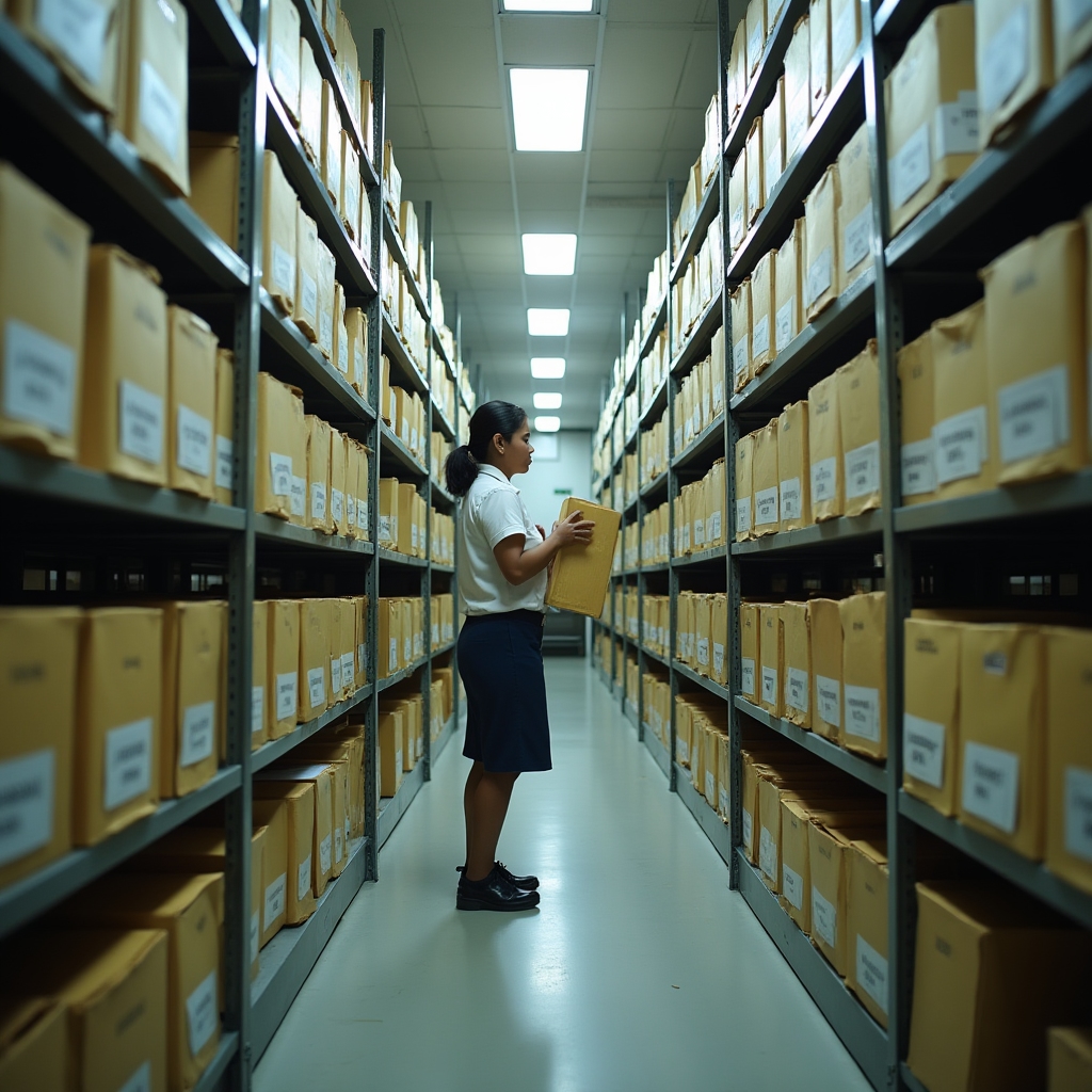 Organized records room in a Philippine government office with labeled folders and filing cabinets