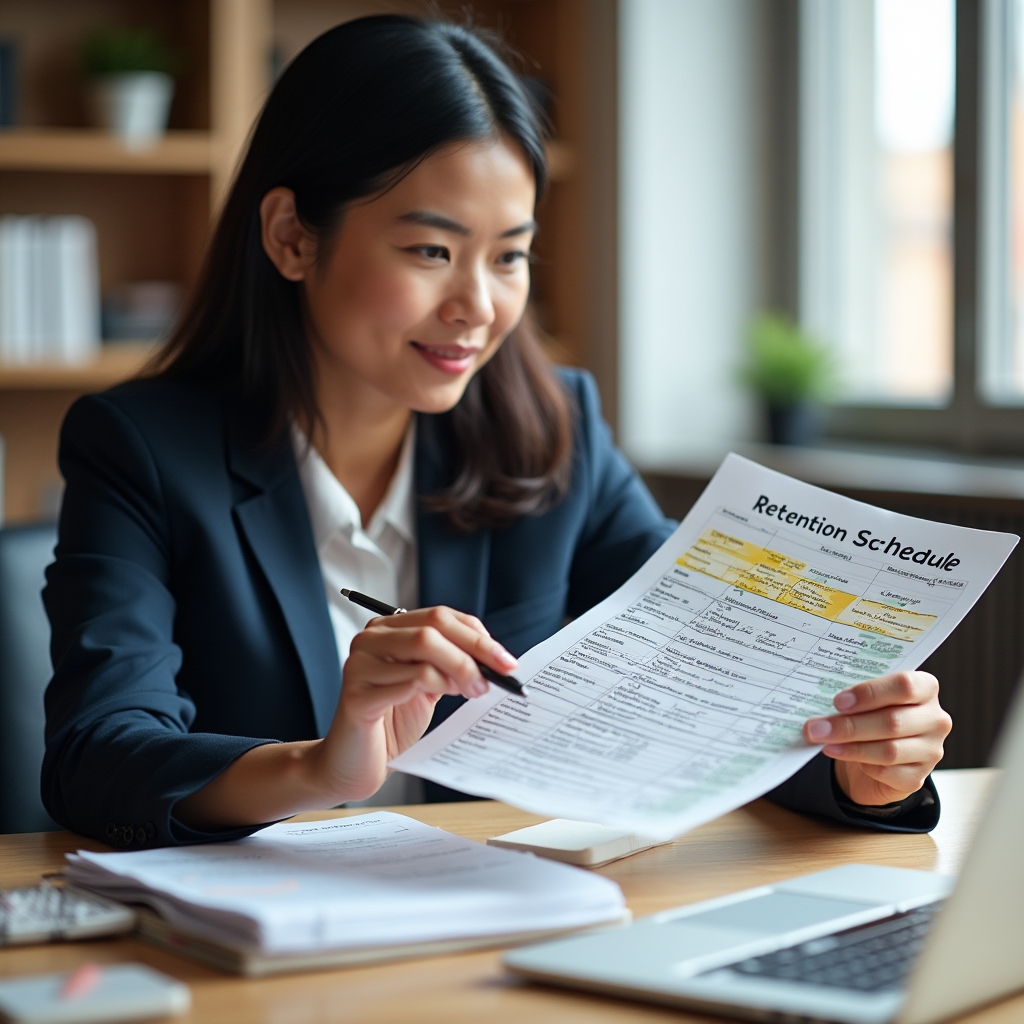 Office worker reviewing a printed retention schedule document with highlighted entries