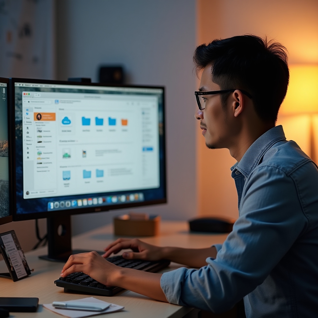 Virtual assistant on a video call with a client while organizing digital documents on a dual-monitor setup